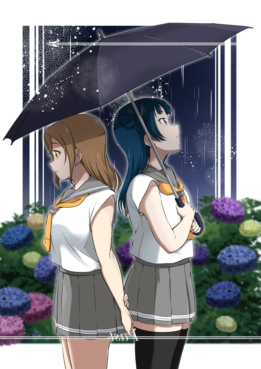 absurdres arms_behind_back back-to-back bangs black_legwear black_umbrella blue_hair brown_eyes brown_hair commentary_request cover cover_page cowboy_shot doujin_cover flower from_side grey_skirt highres holding holding_umbrella hydrangea kunikida_hanamaru long_hair love_live! love_live!_sunshine!! multiple_girls neckerchief parted_lips pleated_skirt purple_eyes rain shared_umbrella shirt side_bun skirt sleeveless sleeveless_shirt thighhighs tie_clip tsushima_yoshiko umbrella vorupi yellow_neckwear