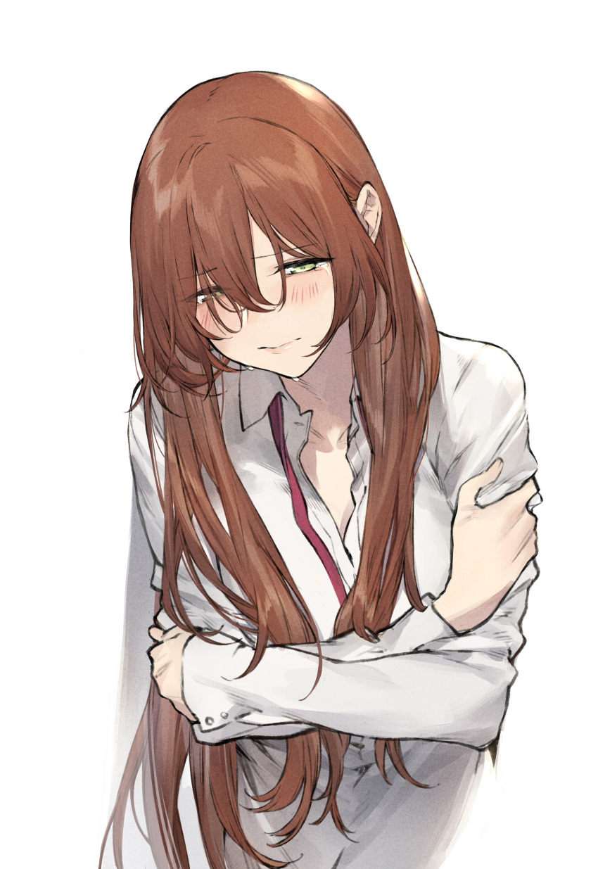 absurdres artist_name bangs blush brown_hair closed_mouth collarbone crying crying_with_eyes_open dress_shirt duoyuanjun eyebrows_visible_through_hair eyes_visible_through_hair girls_frontline green_eyes hair_between_eyes hair_over_one_eye half-closed_eyes head_tilt highres long_hair long_sleeves m1903_springfield_(girls_frontline) sad self_hug shirt sidelocks simple_background sleeve_cuffs solo teardrop tearing_up tears unbuttoned unbuttoned_shirt upper_body white_background