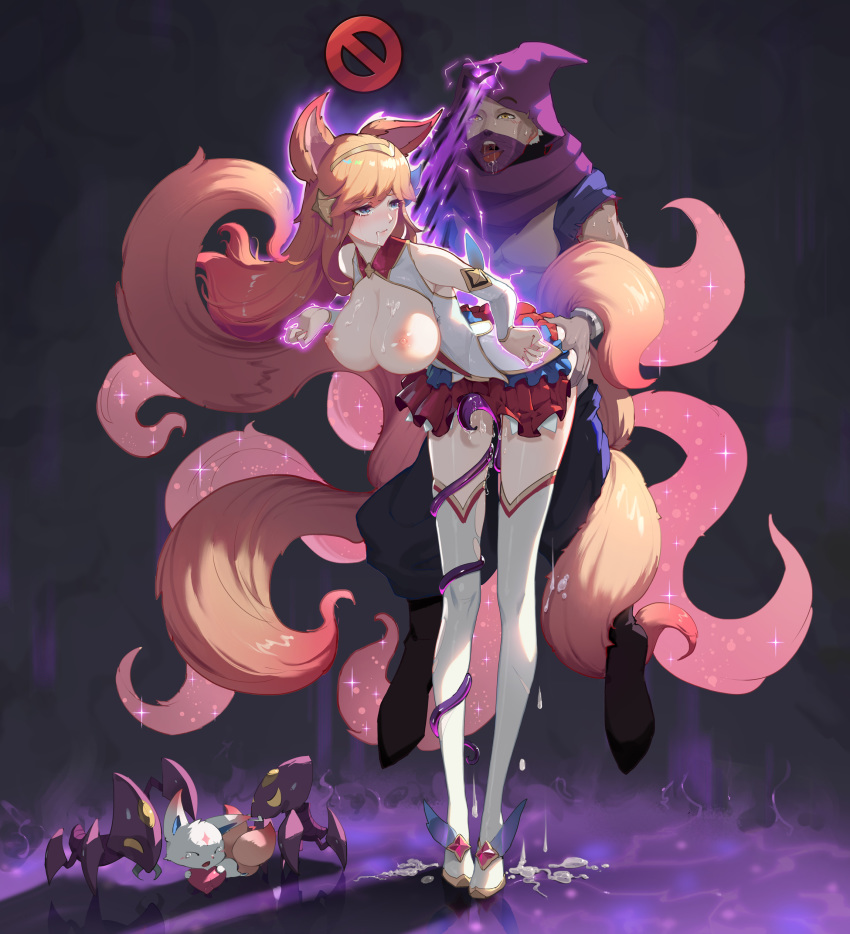 1girl absurdres ahri animal_ears ass_grab baggy_pants bangs bare_shoulders bent_over blue_eyes boots breasts breasts_outside circlet clenched_teeth crazyzhuozhuo crying cum cum_in_pussy cum_on_body cum_on_breasts cum_on_upper_body cumdrip detached_sleeves eyebrows_visible_through_hair familiar fox_ears fox_girl fox_tail full_body grabbing hair_ornament half-closed_eyes hetero highres hood large_breasts league_of_legends magical_girl malzahar nipples open_mouth orange_hair pants pet pleated_skirt rape restrained saliva skirt skirt_lift sparkle star_guardian_ahri sweatdrop swept_bangs tail tears teeth thigh_boots thighhighs yellow_eyes