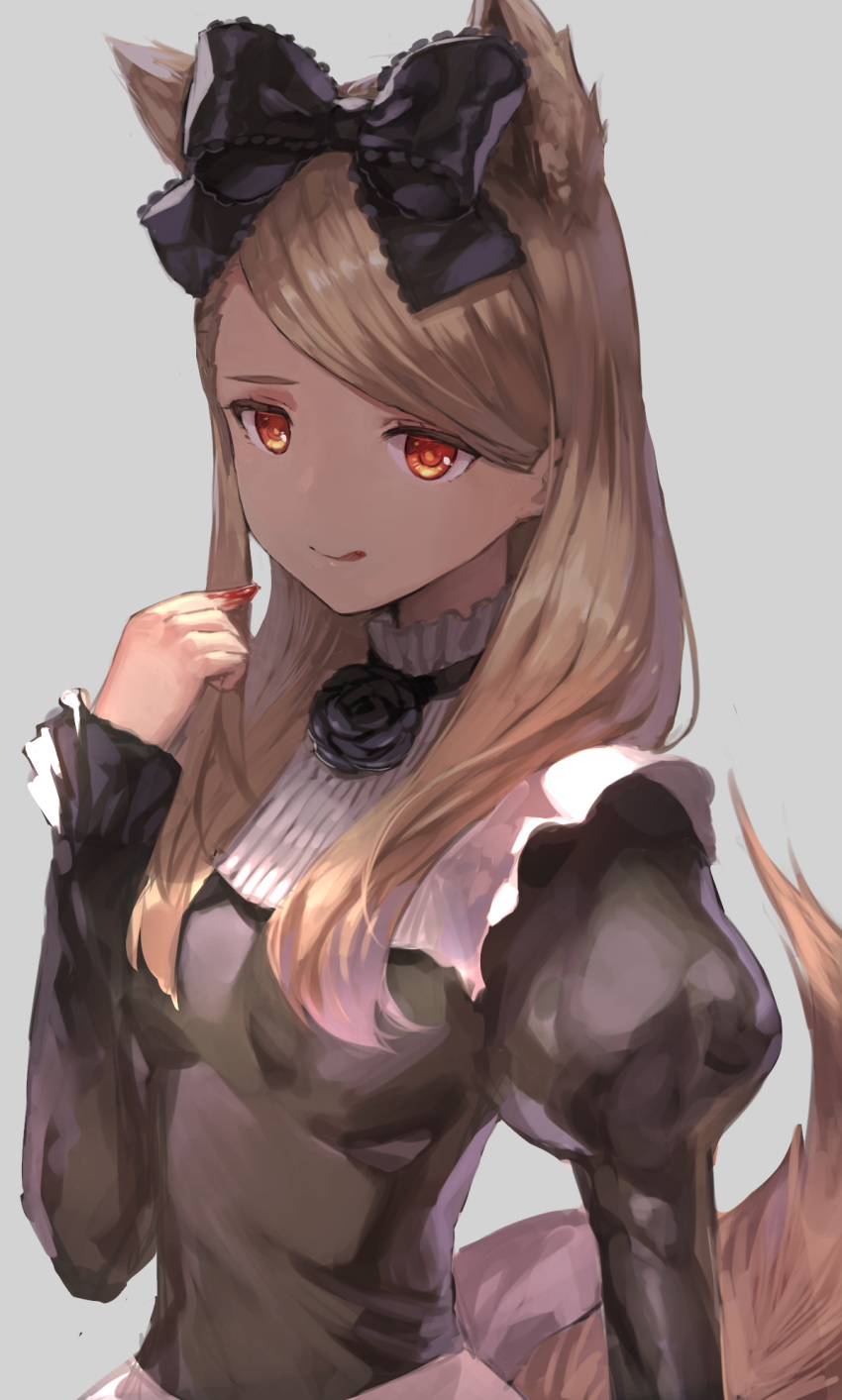 :q animal_ears bangs black_bow black_dress black_flower black_rose blood_on_fingers bow closed_mouth commentary_request dress flower grey_background hair_bow highres hinako_(anzu15) jinrou_judgment juliet_sleeves light_brown_hair long_hair long_sleeves puffy_sleeves red_eyes rose sandra_(jinrou_judgment) simple_background smile solo swept_bangs tail tongue tongue_out very_long_hair wolf_ears wolf_girl wolf_tail