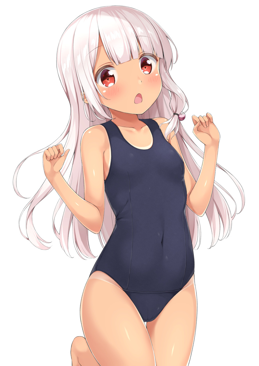 :o absurdres bangs bare_arms bare_shoulders barefoot blue_background blue_swimsuit blunt_bangs blush breasts collarbone covered_navel cowboy_shot eyebrows_visible_through_hair hair_ribbon hands_up highres karutamo kicchin_(karutamo) long_hair looking_at_viewer old_school_swimsuit one-piece_swimsuit one-piece_tan open_mouth original red_eyes ribbon school_swimsuit silver_hair simple_background small_breasts solo standing standing_on_one_leg swimsuit tan tanline tress_ribbon white_background