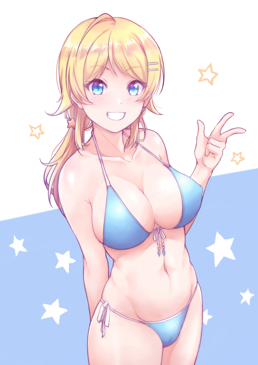 absurdres arm_behind_back bikini blonde_hair blue_bikini blue_eyes breasts cleft_of_venus collarbone commentary_request cowboy_shot eyebrows_visible_through_hair front-tie_bikini front-tie_top grin hachimiya_meguru hair_ornament hairclip halterneck highres idolmaster idolmaster_shiny_colors kanabun large_breasts long_hair looking_at_viewer low_twintails navel side-tie_bikini simple_background smile solo star star_hair_ornament string_bikini swimsuit twintails w