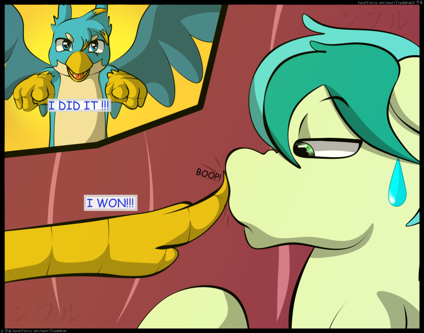 2018 avian beak blue_eyes boop card card_game comic dialogue digital_media_(artwork) earth_pony english_text equine feathered_wings feathers feral flash_draw friendship_is_magic fur gallus_(mlp) gaming gryphon hair horse male mammal my_little_pony open_mouth poker pony sandbar_(mlp) sitting smile solo standing text wings