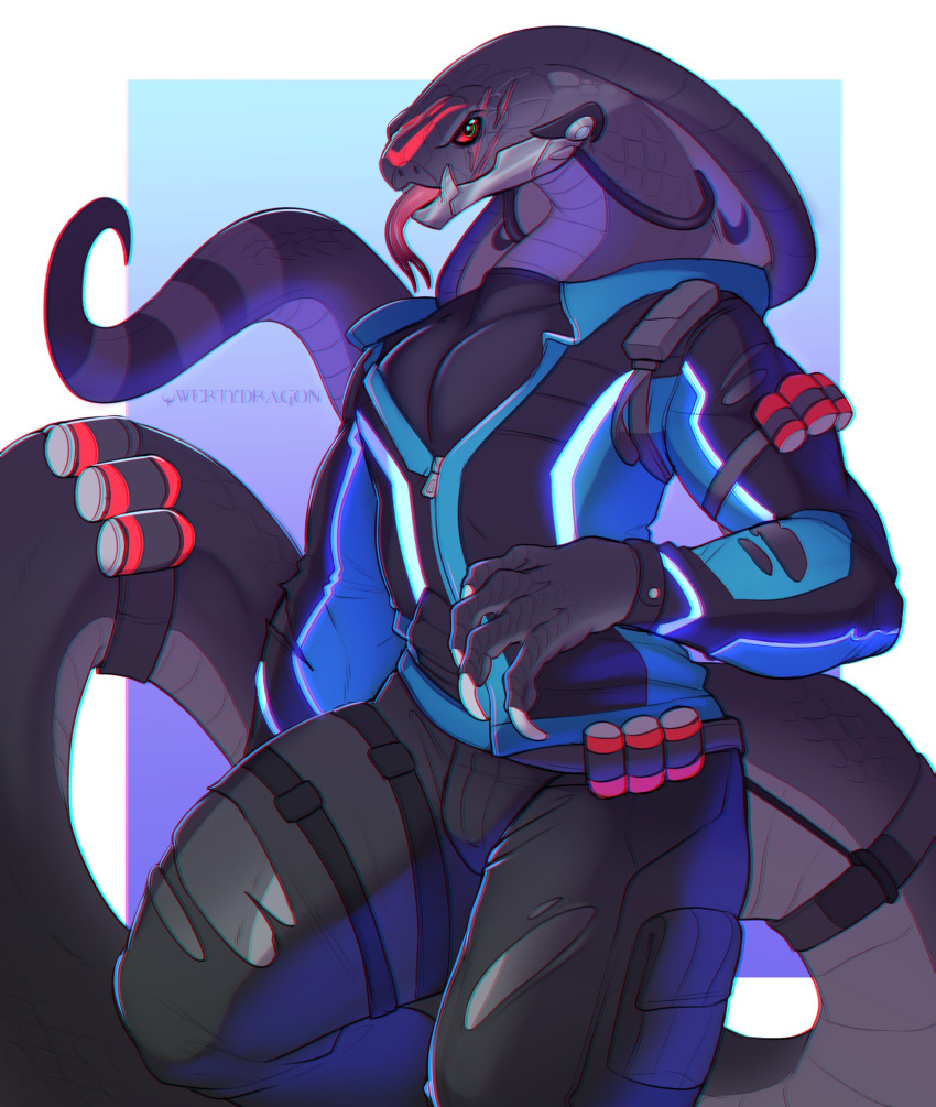 anthro big_pecs claws clothing cobra grey_skin looking_at_viewer male muscular muscular_male naga overwatch pants pecs qwertydragon red_eyes reptile scalie simple_background snake snake_hood soldier_76_(overwatch) solo standing tactical tongue tongue_out torn_clothing video_games zipper