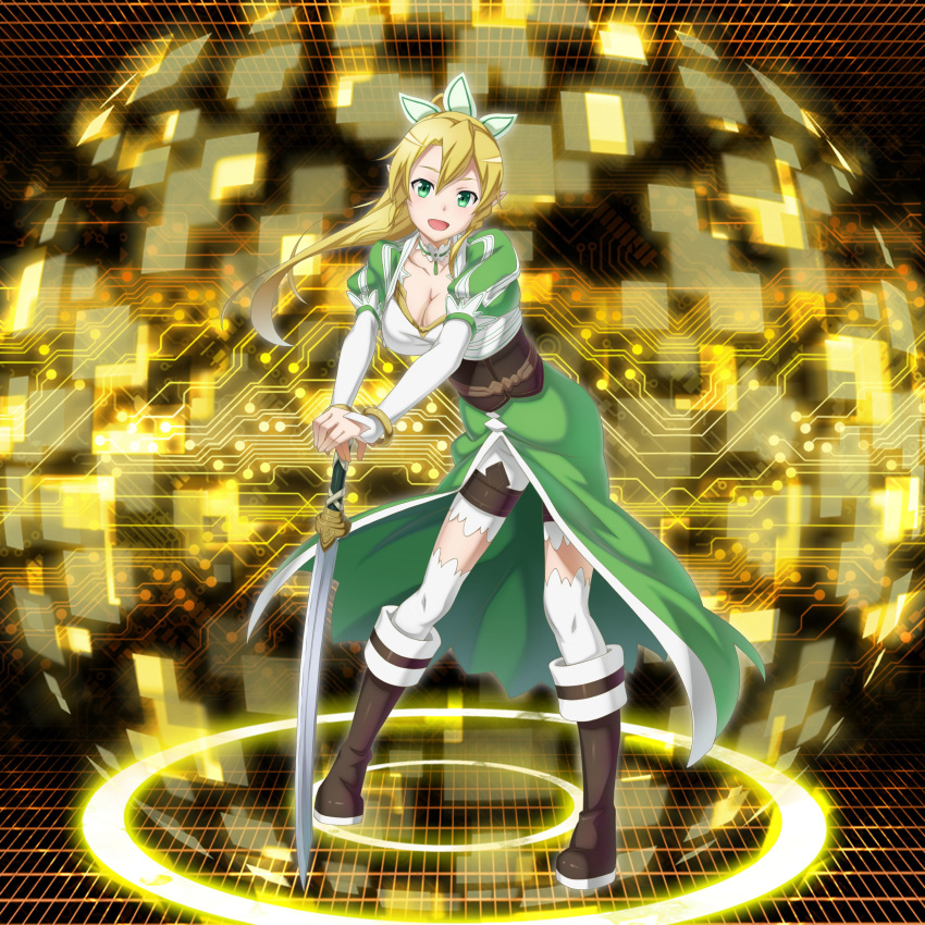 :_code_register :d absurdres blonde_hair boots bracelet breasts brown_footwear cape choker cleavage collarbone detached_sleeves floating_hair forest full_body green_cape green_eyes hands_on_hilt high_ponytail highres jewelry knee_boots large_breasts leafa leaning_forward long_hair nature official_art open_mouth saber_(weapon) shorts smile solo standing sword sword_art_online thighhighs waist_cape weapon white_legwear white_shorts