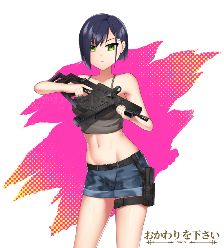artist_name asymmetrical_hair bare_shoulders belt blue_eyes collarbone commentary cowboy_shot cowfee dark_blue_hair darling_in_the_franxx english_commentary green_eyes groin gun hair_ornament hairclip highres holding holding_gun holding_weapon holster ichigo_(darling_in_the_franxx) kriss_vector looking_at_viewer midriff navel short_hair short_shorts shorts simple_background solo submachine_gun thigh_holster watermark weapon
