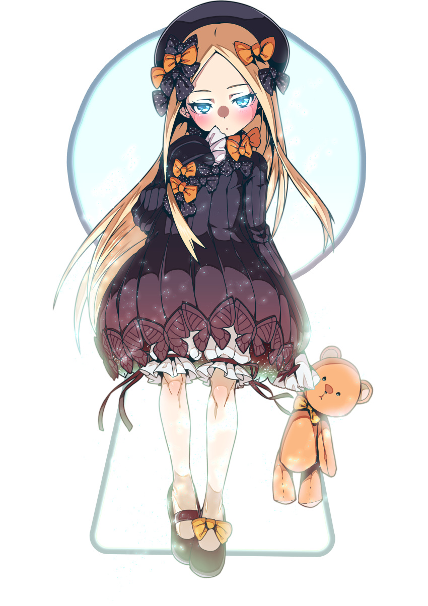 abigail_williams_(fate/grand_order) absurdres black_bow black_dress black_footwear black_hat blonde_hair bloomers blue_eyes bow dress expressionless fate/grand_order fate_(series) full_body hair_bow hat highres holding holding_stuffed_animal keyhole long_hair looking_at_viewer mary_janes mioshi_(vixis340) orange_bow shoe_bow shoes sleeves_past_fingers sleeves_past_wrists solo standing stuffed_animal stuffed_toy teddy_bear underwear white_bloomers