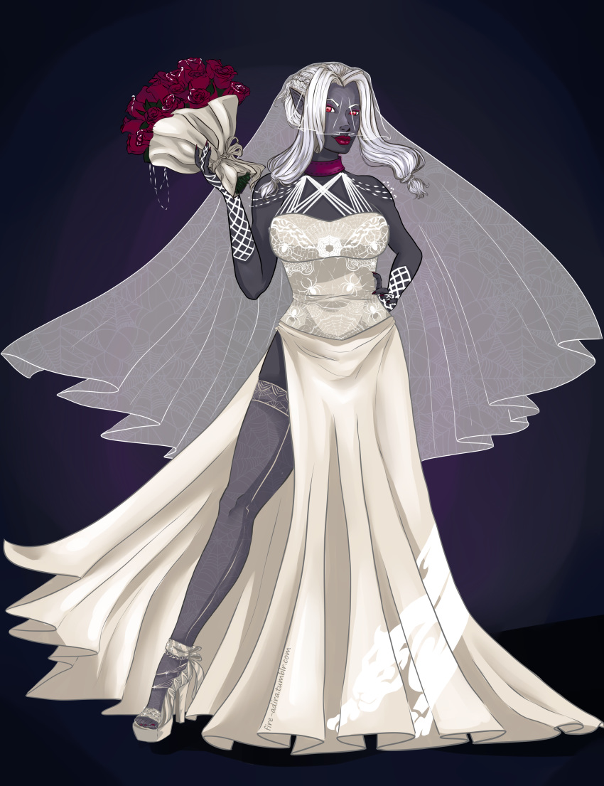 1girl borrowed_character corset dungeons_and_dragons flower high_heels highres long_hair original red_eyes stockings wedding_dress