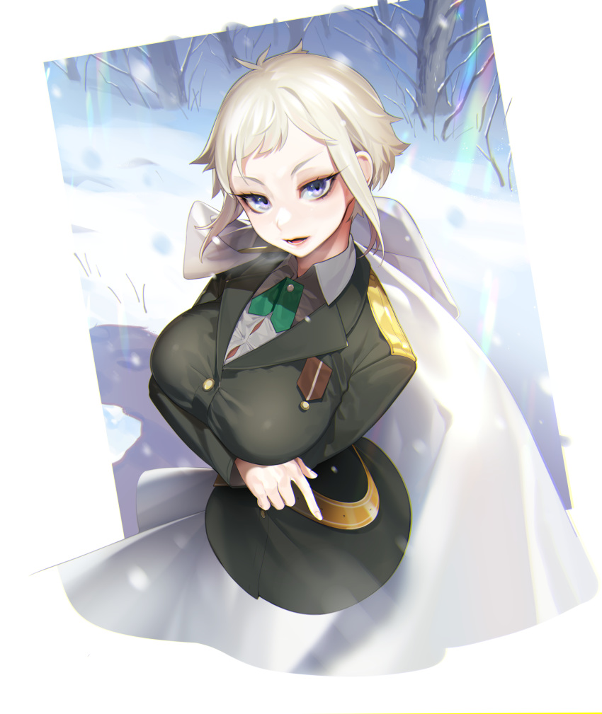 absurdres bad_id bad_pixiv_id bangs blue_eyes breasts bursting_breasts buttons cape collared_shirt cropped_torso crossed_arms dress_shirt from_above green_jacket green_neckwear grey_hair highres jacket large_breasts long_sleeves looking_at_viewer marchen_madchen maria_rasputin military military_uniform ohisashiburi open_mouth outdoors shirt short_hair sidelocks snow snowing solo tree tsurime uniform white_cape white_shirt wing_collar