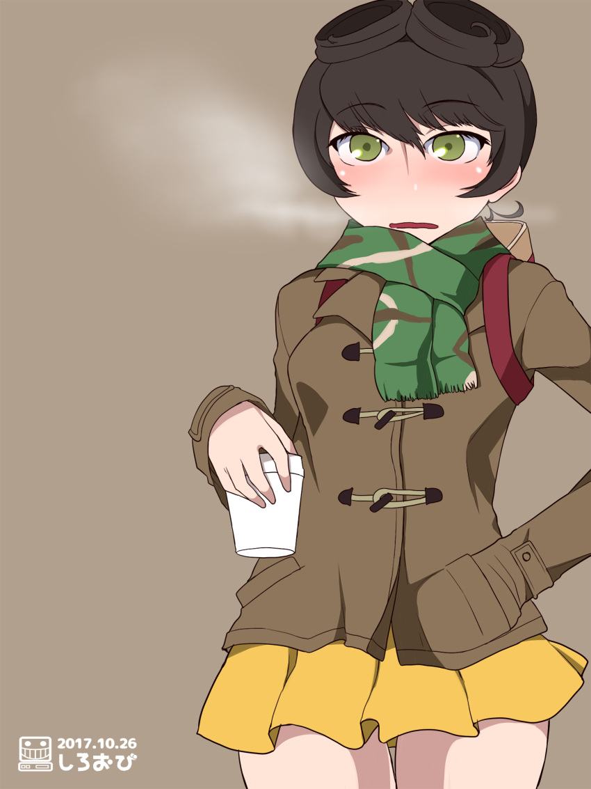 2017 alternate_costume brown_hair coffee_cup cup dated disposable_cup eyebrows_visible_through_hair girls_und_panzer green_eyes hair_between_eyes hand_in_pocket highres hosomi_(girls_und_panzer) jacket shiroobi_(whitebeltmaster) skirt solo steam thigh_gap winter_clothes yellow_skirt
