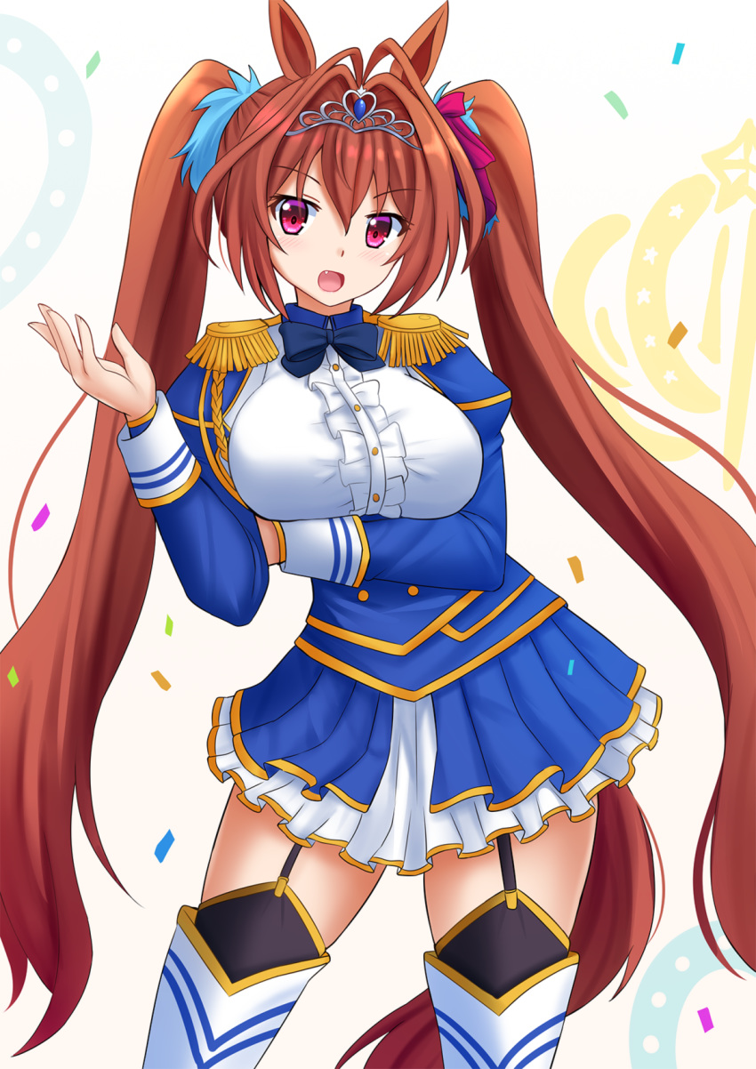 :d bangs black_legwear blue_jacket blue_skirt blush bow breasts brown_hair center_frills commentary contrapposto daiwa_scarlet epaulettes eyebrows_visible_through_hair fang frills garter_straps hair_between_eyes hair_bow hair_intakes hand_up highres jacket juliet_sleeves kazenokaze large_breasts long_hair long_sleeves looking_at_viewer open_mouth pleated_skirt puffy_sleeves purple_bow purple_eyes shirt skirt smile solo standing thighhighs tiara twintails umamusume very_long_hair white_legwear white_shirt
