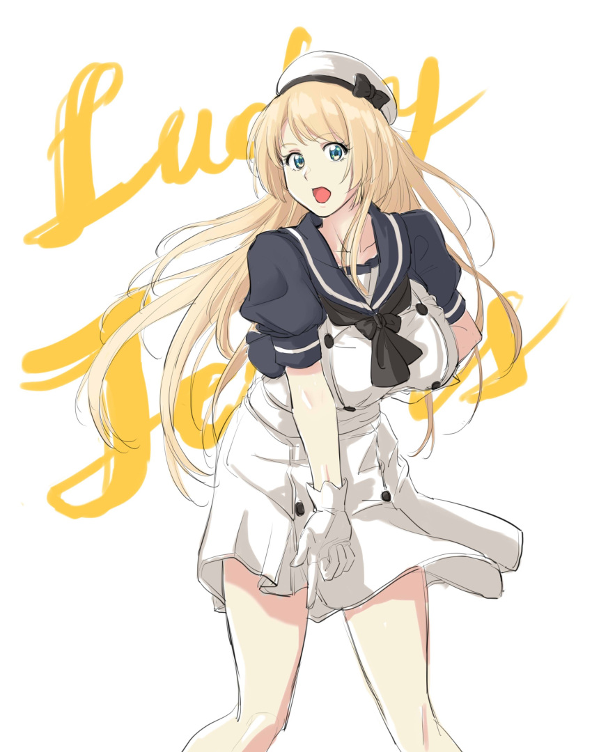 absurdres alternate_breast_size blonde_hair blue_eyes blue_sailor_collar breasts commentary dress gloves green_eyes hat highres jervis_(kantai_collection) kantai_collection large_breasts long_hair looking_at_viewer older open_mouth sailor_collar sailor_dress sailor_hat short_sleeves simple_background solo sozan white_background white_dress white_gloves white_hat yellow_background