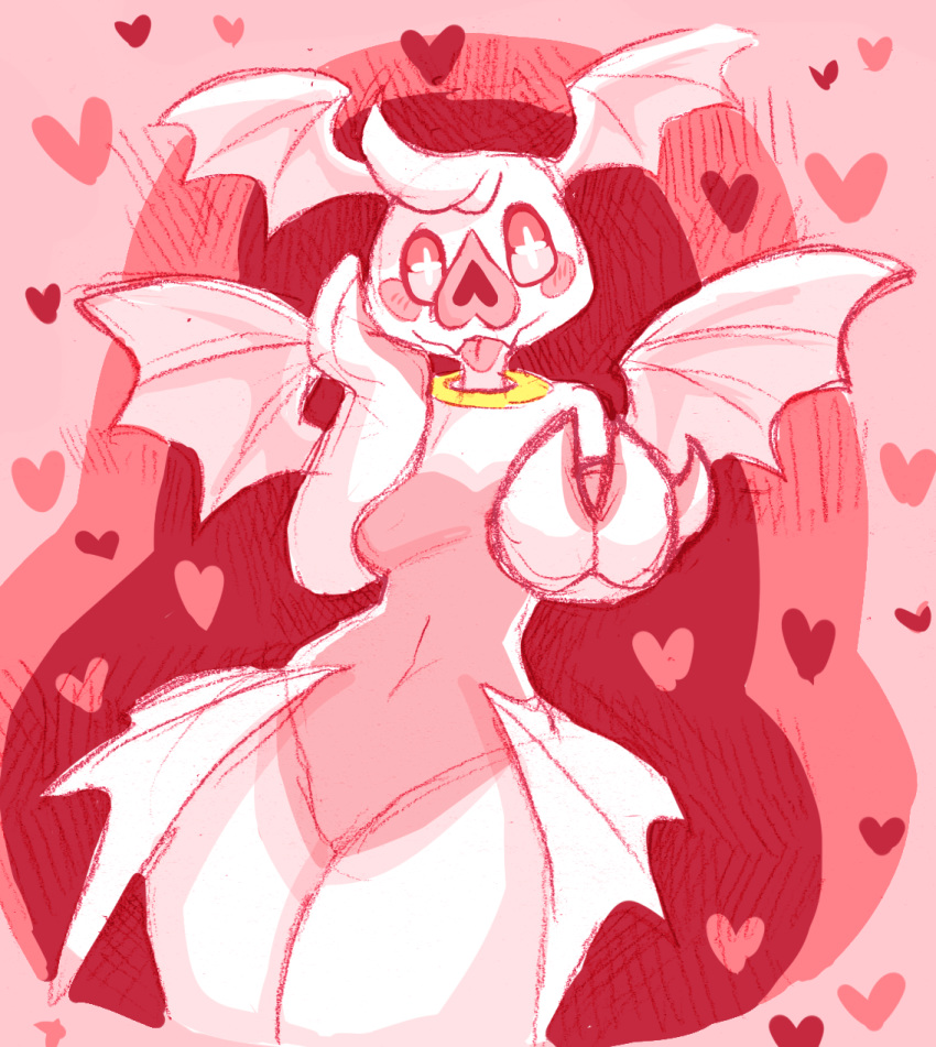 &lt;3 &lt;3_nose 3_fingers bat big_nose blush_sticker breasts butt_wings exotic_pupils fangs featureless_breasts featureless_crotch female fur halo head_tuft head_wings heartthrob_cafe hi_res irootie leaf-nosed_bat looking_at_viewer mammal multicolored_fur nude pink_eyes pink_fur pink_nose pink_theme pink_tongue portrait smile solo standing symbol-shaped_pupils three-quarter_portrait tongue tongue_out venus_(irootie) white_fur white_pupils wings