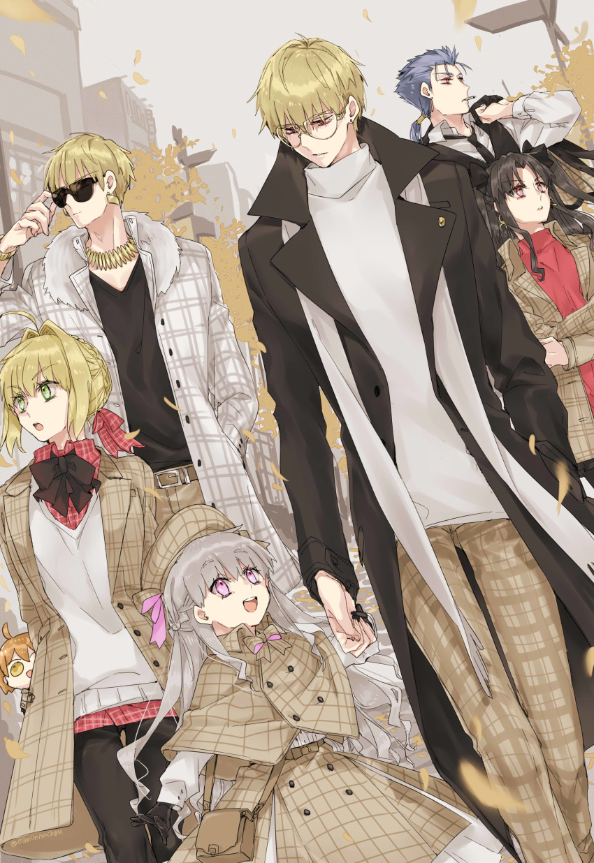 absurdres ahoge alternate_costume bespectacled black_hair blonde_hair blue_hair blush character_request fate/extra fate/grand_order fate/stay_night fate_(series) fujimaru_ritsuka_(female) gilgamesh glasses green_eyes grey_hair highres holding_hands ishtar_(fate/grand_order) lancer long_hair long_sleeves looking_at_another multiple_boys multiple_girls nero_claudius_(fate) nero_claudius_(fate)_(all) nursery_rhyme_(fate/extra) open_mouth ponytail red_eyes smile sunglasses two_side_up