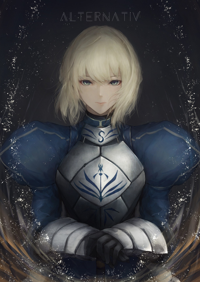 armor armored_dress artoria_pendragon_(all) bangs black_background black_gloves blonde_hair blue_dress braid breastplate closed_mouth commentary_request dress eyebrows_visible_through_hair fate/stay_night fate_(series) gauntlets gloves green_eyes hair_between_eyes hands_on_hilt highres juliet_sleeves long_sleeves looking_at_viewer marumoru own_hands_together puffy_sleeves saber upper_body