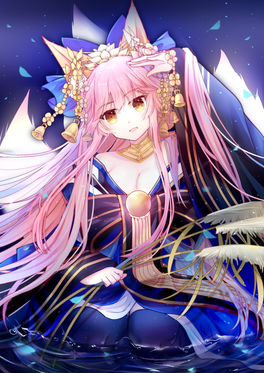 absurdres animal_ears bell blue_legwear bow breasts brown_eyes cleavage commentary_request fate/grand_order fate_(series) feathers fox_ears fox_tail hair_bell hair_bow hair_ornament head_tilt highres ice_(ice) in_water japanese_clothes kneeling light_blush long_hair looking_at_viewer multiple_tails off_shoulder open_mouth petals pink_hair solo tail tamamo_(fate)_(all) tamamo_no_mae_(fate) thighhighs very_long_hair