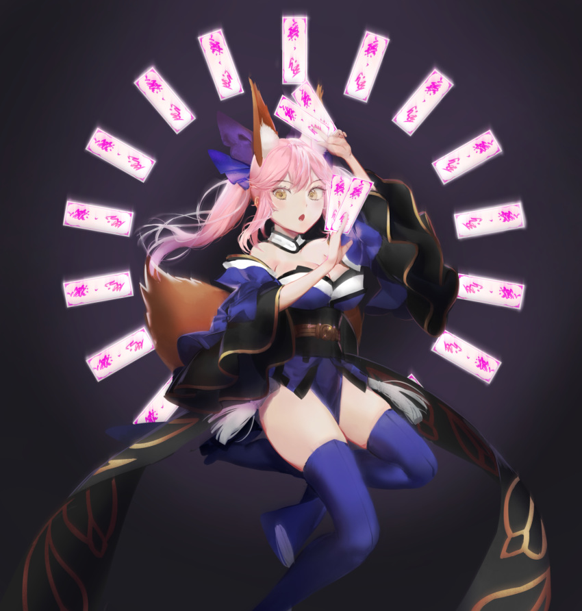 :o animal_ears blue_legwear blush bow commentary_request fate/grand_order fate_(series) fox_ears fox_tail hair_bow highres japanese_clothes long_hair off_shoulder ofuda onmyouji pink_hair ponytail shatte skirt solo tail tamamo_(fate)_(all) tamamo_no_mae_(fate) thighhighs yellow_eyes