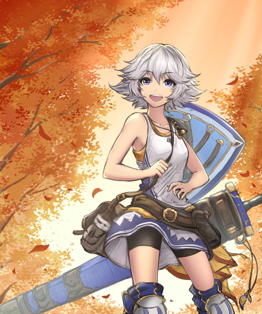 :d absurdres autumn_leaves bike_shorts black_shorts blue_eyes cloud cloudy_sky collarbone dress eyebrows_visible_through_hair farrah_(granblue_fantasy) granblue_fantasy hair_between_eyes highres jewelry necklace open_mouth outdoors sheath sheathed shield short_dress short_hair shorts shorts_under_dress silver_hair sky sleeveless sleeveless_dress smile solo standing sword tree weapon white_dress yuki7128