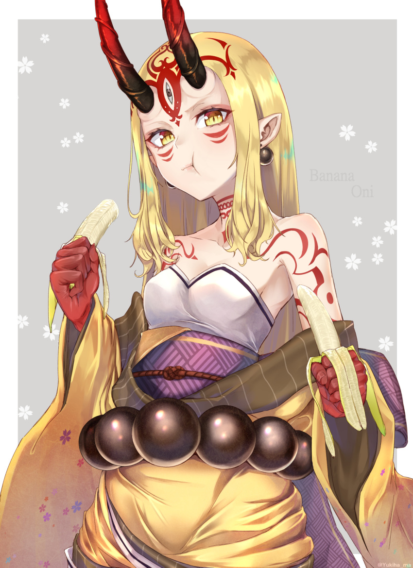 :t banana bare_shoulders blonde_hair closed_mouth collarbone commentary_request earrings eating facial_mark fate/grand_order fate_(series) food forehead_mark fruit highres holding holding_food ibaraki_douji_(fate/grand_order) japanese_clothes jewelry kimono long_hair long_sleeves looking_at_viewer obi off_shoulder pointy_ears sash solo tattoo twitter_username very_long_hair wide_sleeves yellow_eyes yellow_kimono yukihama