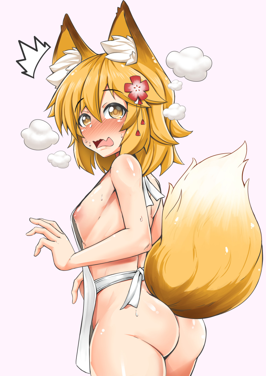 absurdres animal_ear_fluff animal_ears apron ass blonde_hair blush breasts cowboy_shot eyebrows_visible_through_hair fang flower fox_ears fox_tail full-face_blush hair_between_eyes hair_flower hair_ornament highres kitsune looking_at_viewer looking_back naked_apron nipples open_mouth senko_(sewayaki_kitsune_no_senko-san) sewayaki_kitsune_no_senko-san shiny shiny_skin simple_background small_breasts solo sweatdrop tail virusotaku yellow_eyes
