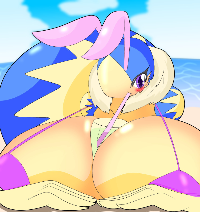 arthropod bee big_breasts bikini blush breasts clothing detailed_background drinking feather_boa female huge_breasts hyper hyper_breasts insect kirby_(series) nintendo non-mammal_breasts purple_eyes queen_sectonia reitounek seascape solo straw swimsuit video_games