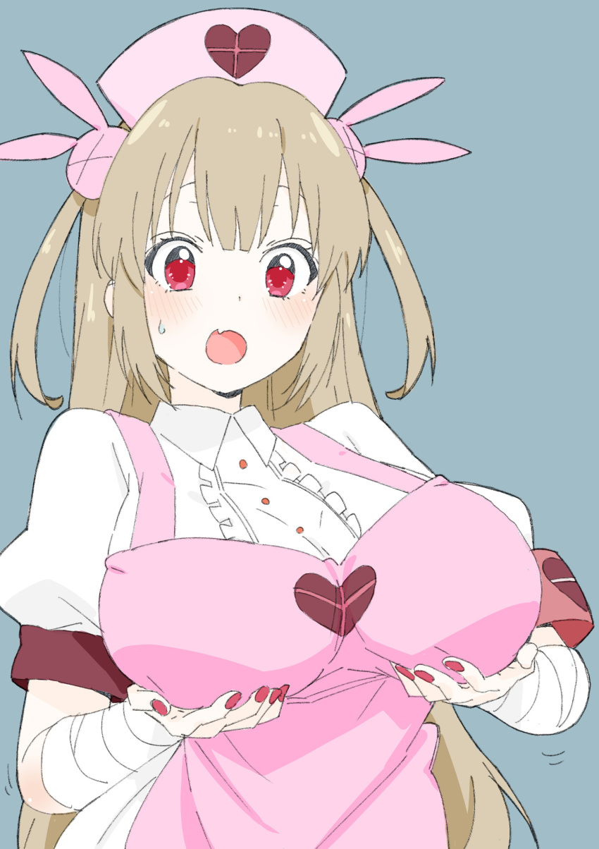 absurdres alternate_breast_size apron armband bandages blush breast_lift breasts bunny_hair_ornament collared_shirt donguri_suzume fang hair_ornament hat heart highres light_brown_hair long_hair nail_polish natori_sana nurse_cap open_mouth pink_apron pink_hat puffy_short_sleeves puffy_sleeves red_eyes red_nails sana_channel shirt short_sleeves simple_background solo sweatdrop two_side_up virtual_youtuber