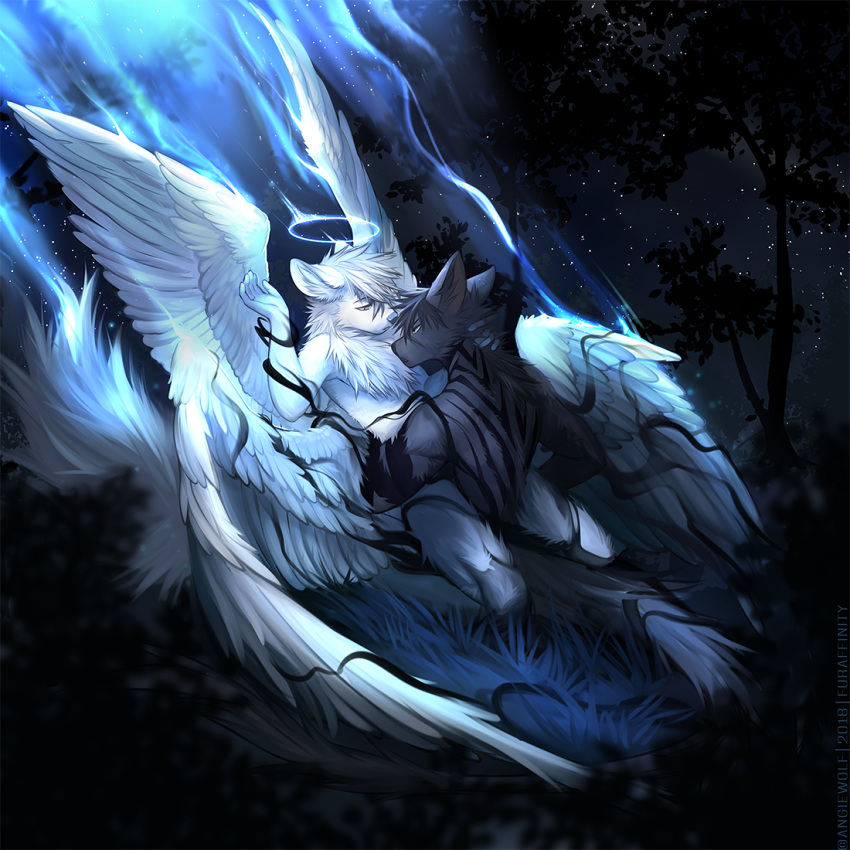 2018 5_fingers angiewolf anthro canine detailed_background digital_media_(artwork) duo feathered_wings feathers fur hair hybrid male mammal night nude outside sky star starry_sky tree white_feathers white_fur white_hair wings wolf