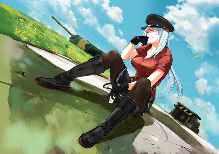 alcohol belt black_gloves black_legwear boots breasts cloud cloudy_sky commentary cup drinking_glass dutch_angle eyebrows_visible_through_hair facial_scar gangut_(kantai_collection) gloves grass gun hair_between_eyes hat kantai_collection large_breasts long_hair military military_hat military_uniform naval_uniform pantyhose peaked_cap red_shirt remodel_(kantai_collection) scar scar_on_cheek shirt shoes short_sleeves shot_glass silver_hair sitting sky solo takeshima_satoshi turret uniform vodka weapon yellow_eyes