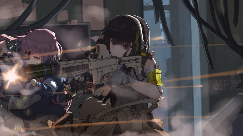 action ar-15 armband assault_rifle bangs blue_eyes breasts brown_eyes brown_hair closed_mouth clothes_around_waist commentary_request dress eyebrows_visible_through_hair fingerless_gloves firing girls_frontline gloves gun hair_between_eyes hair_ornament headphones highres holding holding_weapon indoors jacket jacket_around_waist long_hair m4_carbine m4a1_(girls_frontline) magpul multicolored_hair multiple_girls muzzle_flash one_side_up pink_hair rifle rlin scarf shell_casing side_ponytail sidelocks st_ar-15_(girls_frontline) streaked_hair weapon