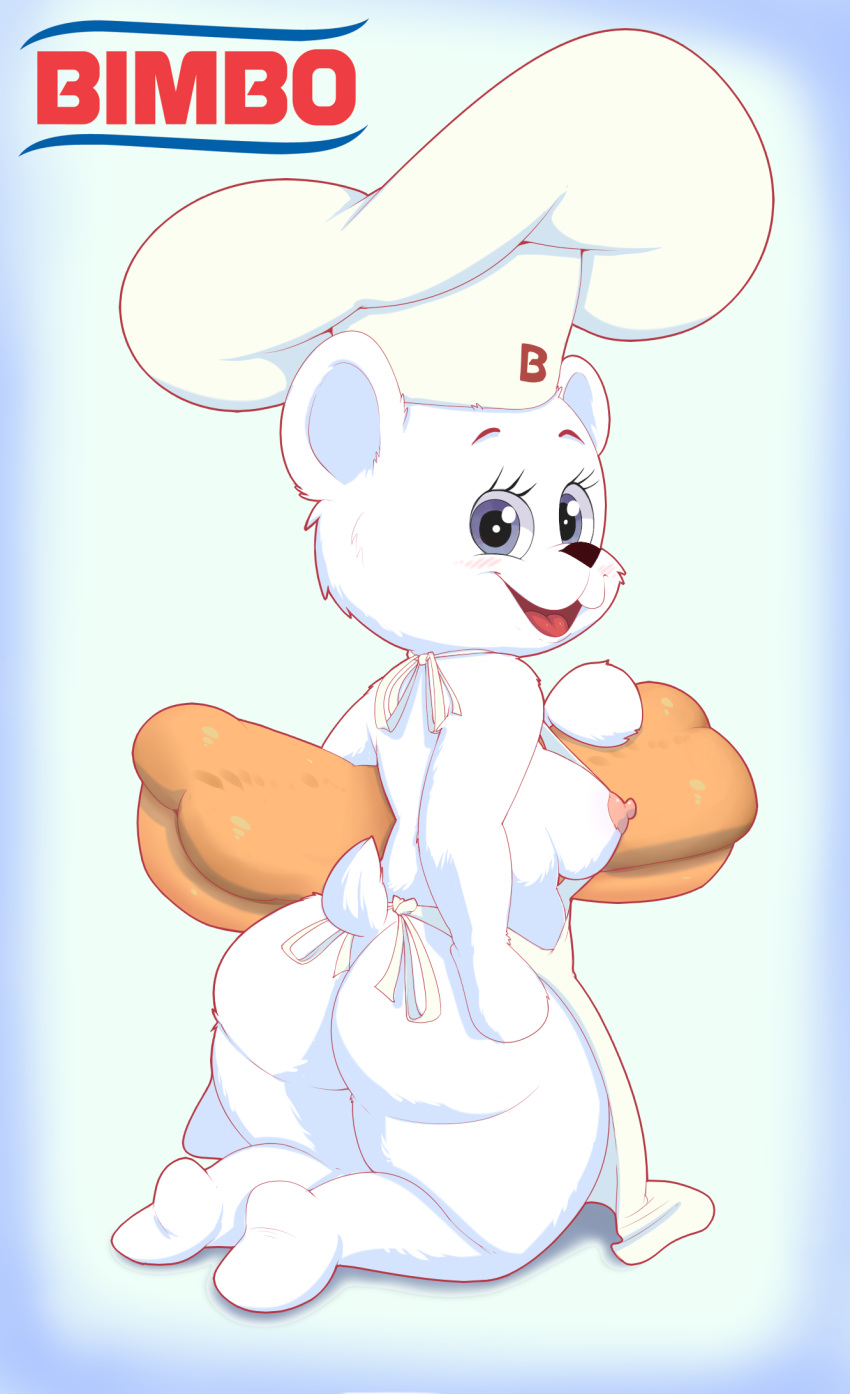 2017 anthro apron bear bimbo_(bakery) bimbo_bear black_nose blue_eyes blush bread breasts butt clothing english_text featureless_hands female food fur hat looking_at_viewer looking_back mammal mascot mitten_hands nipples open_mouth open_smile pink_areola pink_nipples polar_bear riipley simple_background smile solo text thick_thighs toeless_feet tongue white_fur wide_hips