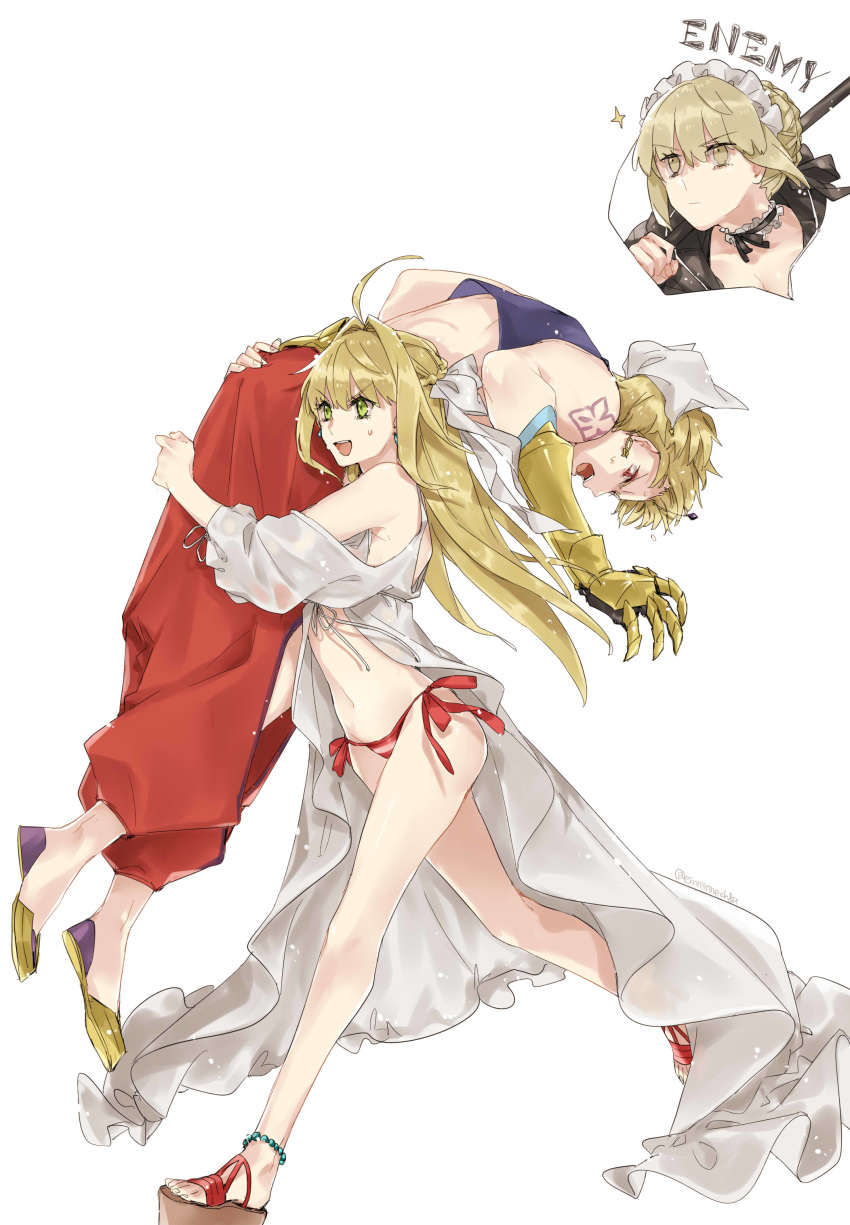 2girls 88_(einnimnech) absurdres ahoge arabian_clothes artoria_pendragon_(all) bikini blonde_hair carrying_over_shoulder fate/grand_order fate/stay_night fate_(series) full_body gilgamesh gilgamesh_(caster)_(fate) gothic_lolita green_eyes highres lolita_fashion long_hair maid_headdress multiple_girls nero_claudius_(fate)_(all) open_mouth red_eyes saber_alter side-tie_bikini striped striped_bikini swimsuit sword weapon yellow_eyes