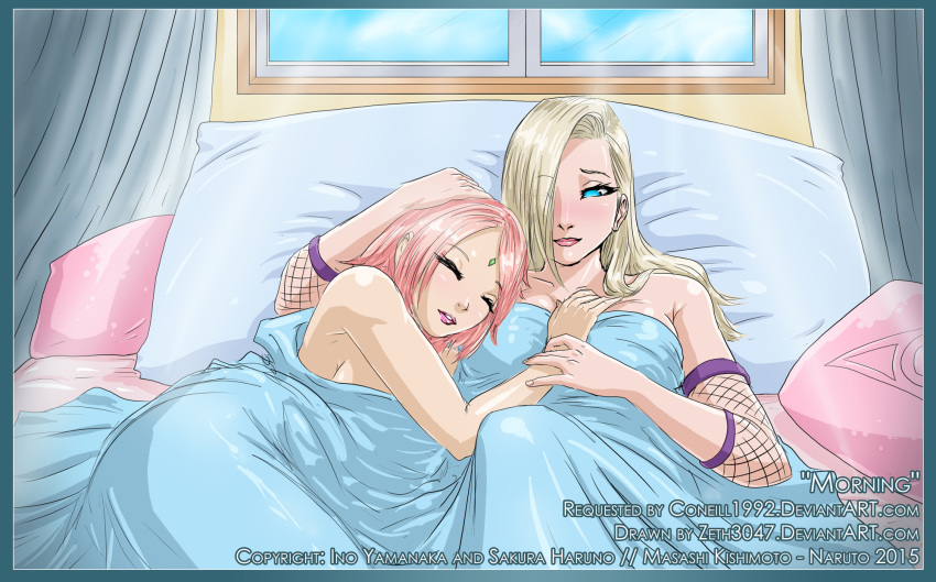 2girls breasts eyes_closed haruno_sakura long_hair multiple_girls naruto naruto_shippuuden pink_hair purple_hair yamanaka_ino yuri