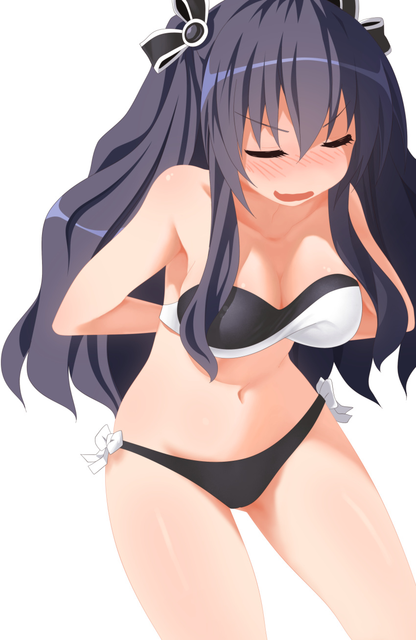 absurdres bare_shoulders bikini black_hair blush breasts choujigen_game_neptune_mk2 closed_eyes collarbone derivative_work highres long_hair medium_breasts navel neptune_(series) nose_blush open_mouth planeptune side-tie_bikini solo swimsuit transparent_background two_side_up uni_(choujigen_game_neptune) wavy_mouth