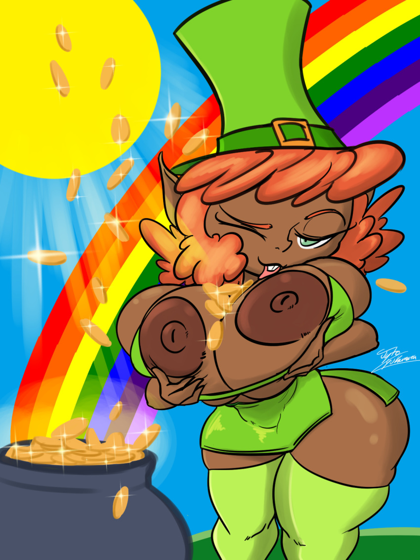 big_breasts big_butt bra breast_squish breasts buckteeth butt cleavage clothed clothing coin dark_skin female gold_(metal) gold_coin green_eyes hair huge_breasts humanoid jyto legwear leprechaun mammal nipples not_furry one_eye_closed orange_hair pointy_ears pot_(disambiguation) rainbow shortstack skimpy teeth thick_thighs thigh_highs tongue tongue_out underwear