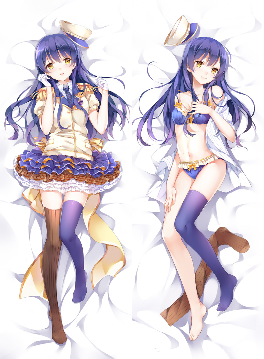 bangs bed_sheet blue_bra blue_legwear blue_panties blush bra breasts commentary_request dakimakura epaulettes eyebrows_visible_through_hair from_above full_body gloves hair_between_eyes half_gloves hand_on_own_chest hand_on_own_thigh hat hat_removed headwear_removed highres long_hair looking_at_viewer love_live! love_live!_school_idol_festival love_live!_school_idol_project lying multiple_views navel necktie no_shoes on_back open_mouth panties pleated_skirt ribbon shirt single_thighhigh skirt small_breasts smile sonoda_umi striped striped_legwear striped_shirt tei_(52137) thigh_gap thighhighs thighhighs_removed underwear white_gloves yellow_eyes