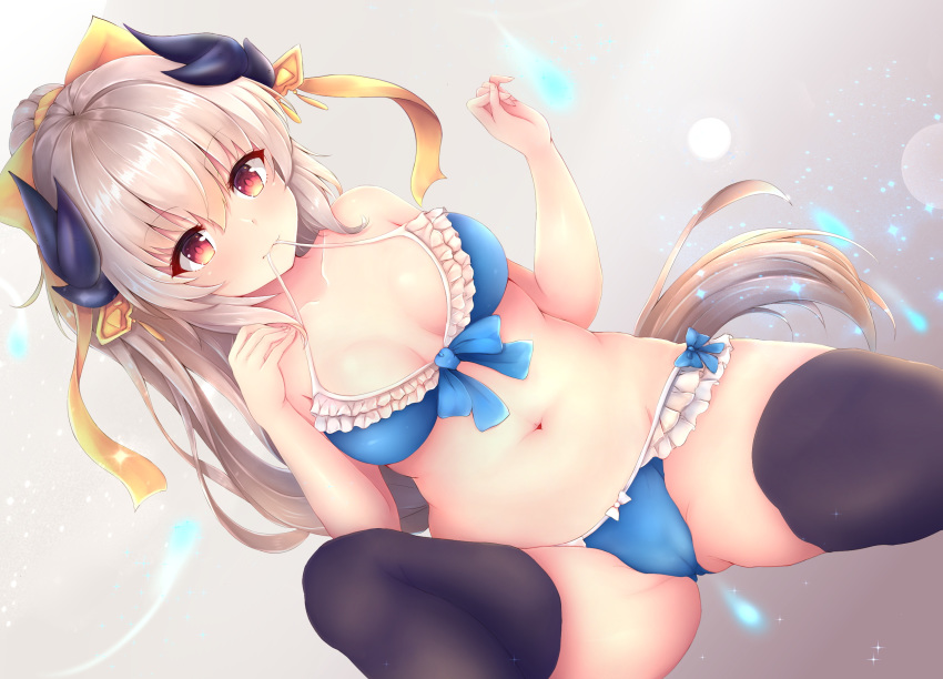 bangs bare_arms bare_shoulders bikini blue_bikini blush bow bow_bikini breasts cameltoe closed_mouth collarbone dragon_girl dragon_horns dutch_angle endsmall_min eyebrows_visible_through_hair fate/grand_order fate_(series) fingernails groin hair_between_eyes hair_bow hands_up high_ponytail highres horns kiyohime_(fate/grand_order) light_brown_hair long_hair looking_at_viewer medium_breasts mouth_hold navel ponytail red_eyes sitting solo swimsuit very_long_hair yellow_bow