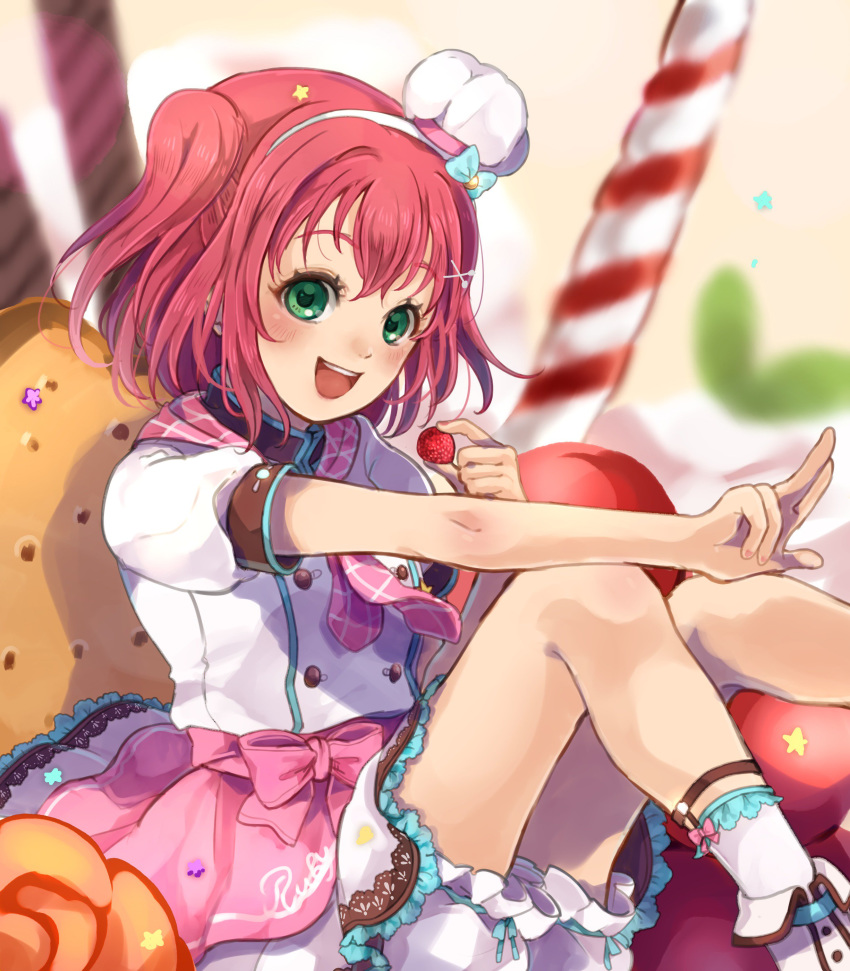 :d absurdres beniko08 bloomers blurry blurry_background blush bobby_socks chef_hat chef_uniform commentary_request double_bun food frills fruit green_eyes hair_ornament hairband hat highres holding holding_food holding_fruit knees_up kurosawa_ruby love_live! love_live!_sunshine!! neckerchief open_mouth pink_neckwear red_hair short_hair short_sleeves sitting skirt smile sock_garters socks solo star star_hair_ornament strawberry toque_blanche two_side_up underwear w x_hair_ornament