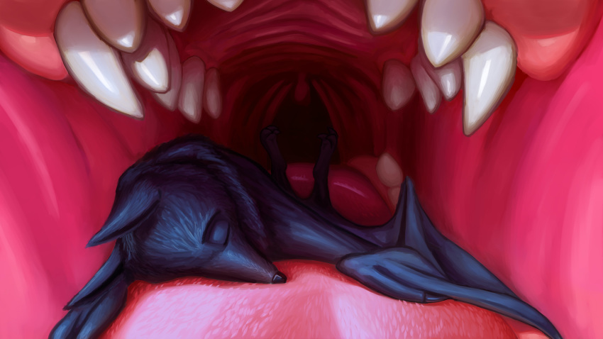 2018 ambiguous_gender ambiguous_species anthro bat colored disney duo eyes_closed fan_character huebris inside_mouth ittybittykittytittys ittybittykittytittys_(character) lying mammal membranous_wings mouth_shot nude on_front on_tongue oral_vore sharp_teeth size_difference teeth tongue uvula vore wings zootopia