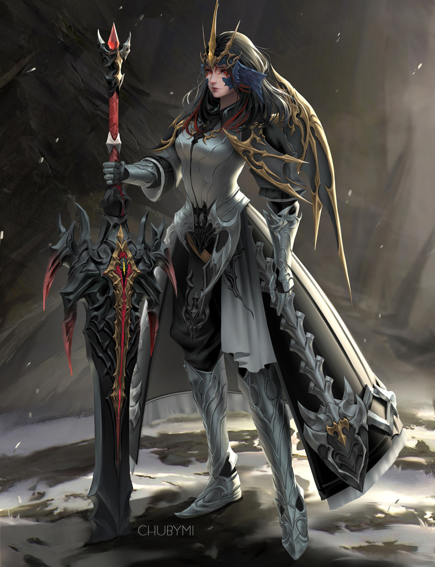 armor armored_dress artist_name au_ra black_hair breasts chuby_mi closed_mouth dark_knight_(final_fantasy) dragon_horns facial_mark final_fantasy final_fantasy_xiv gauntlets greaves headdress highres holding holding_sword holding_weapon horns lips long_hair looking_at_viewer medium_breasts red_eyes scales single_wing solo standing sword weapon wings