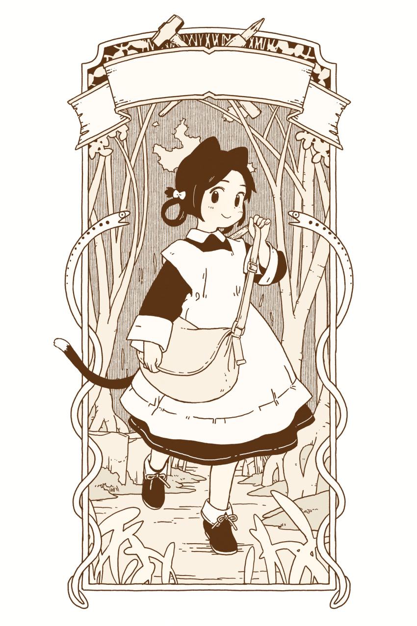 absurdres akai_sashimi animal animal_ears ankle_boots apron arm_at_side bag boots bow cat_ears cat_girl cat_tail closed_mouth collared_dress dress frame full_body hair_bow hair_ornament hair_rings hand_up highres leg_lift long_sleeves looking_at_viewer maid maid_apron monochrome original outdoors outside_border sepia shoulder_bag sleeve_cuffs smile snake tail tareme tree walking white_background