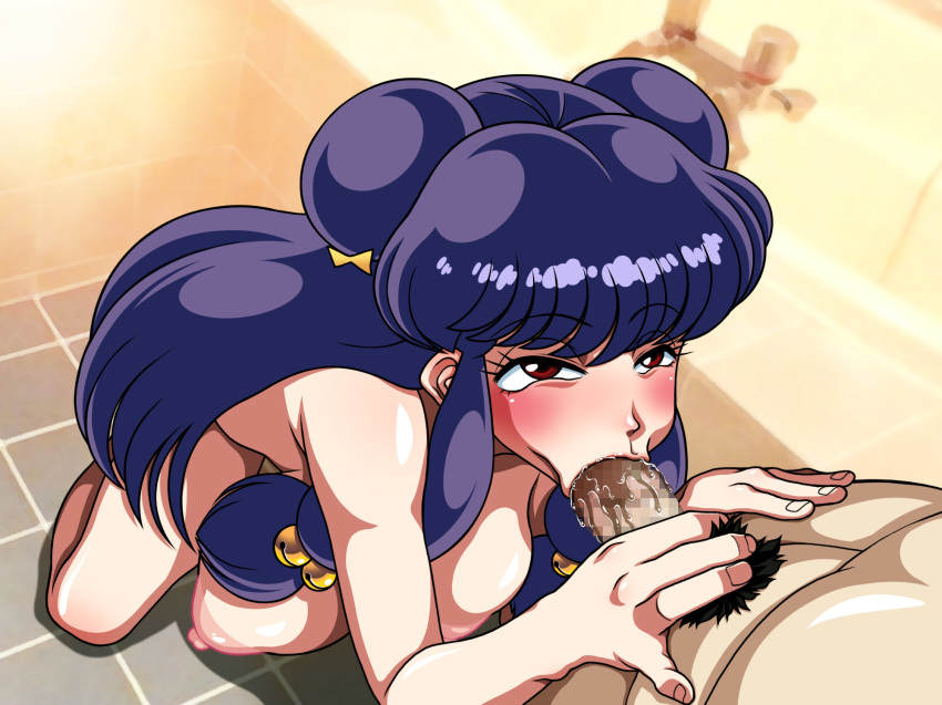 1girl :&gt;= areolae blue_hair blush breasts censored double_bun eyebrows eyebrows_visible_through_hair fellatio floor from_above garou_damenade highres huge_breasts indoors kneeling legs long_hair looking_at_another male_pubic_hair mosaic_censoring nipples nude oral penis pubic_hair ranma_1/2 red_eyes saliva shampoo_(ranma_1/2) solo_focus standing thighs