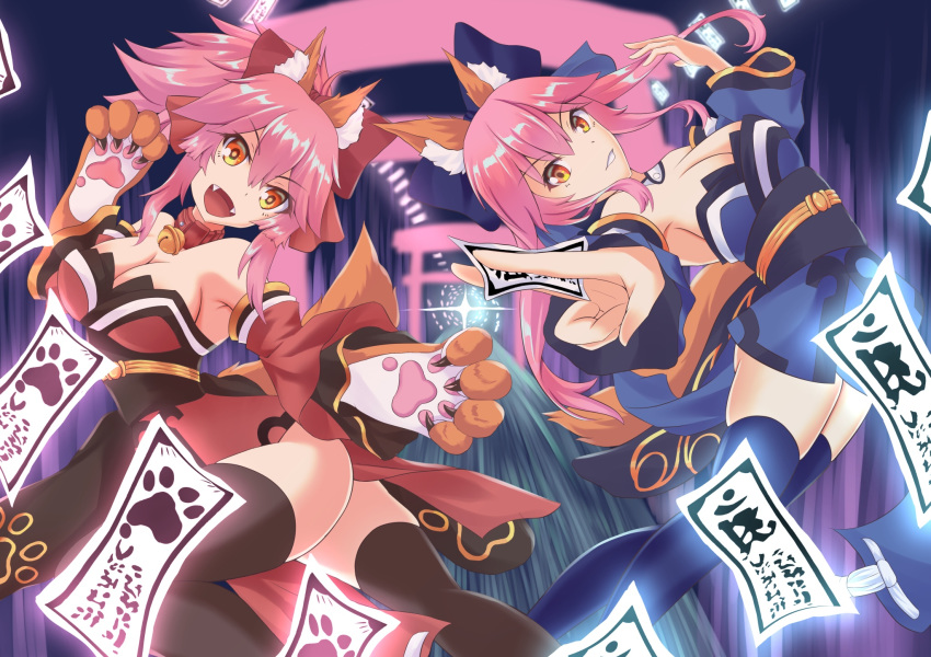 animal_ears bell bell_collar black_legwear blue_legwear blue_ribbon breasts cat_paws cleavage collar detached_sleeves dual_persona fangs fate/grand_order fate_(series) fox_ears fox_tail gloves hair_ribbon highres japanese_clothes jingle_bell kazanosuzu large_breasts long_hair looking_at_viewer multiple_girls ofuda paw_gloves paws pink_hair ponytail red_ribbon ribbon tail tamamo_(fate)_(all) tamamo_cat_(fate) tamamo_no_mae_(fate) yellow_eyes
