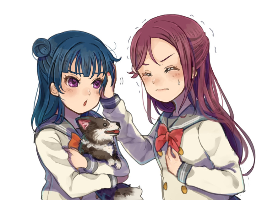 animal anko_(love_live!_sunshine!!) bangs beniko08 blue_hair blush bow bowtie closed_eyes commentary_request dog double-breasted half_updo hand_on_another's_head hand_on_own_chest highres holding holding_animal holding_dog long_hair long_sleeves love_live! love_live!_sunshine!! multiple_girls petting purple_eyes red_hair red_neckwear sakurauchi_riko side_bun simple_background trembling tsushima_yoshiko upper_body v-shaped_eyebrows wavy_mouth white_background
