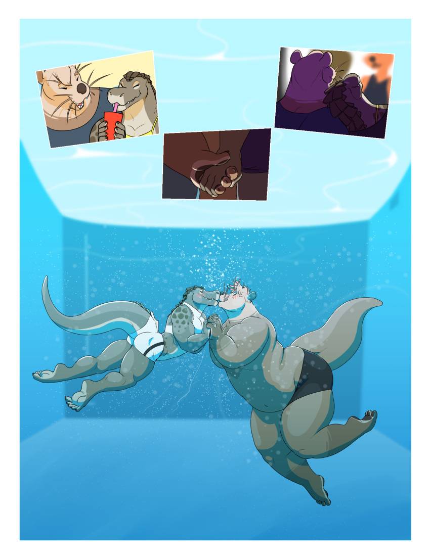 2018 ambiguous_gender anthro blush chameli clothed clothing comic crocodile crocodilian dialogue english_text female hair hi_res inside kissing male mammal mustelid otter reptile ritts scalie sharp_teeth swimsuit teeth text water
