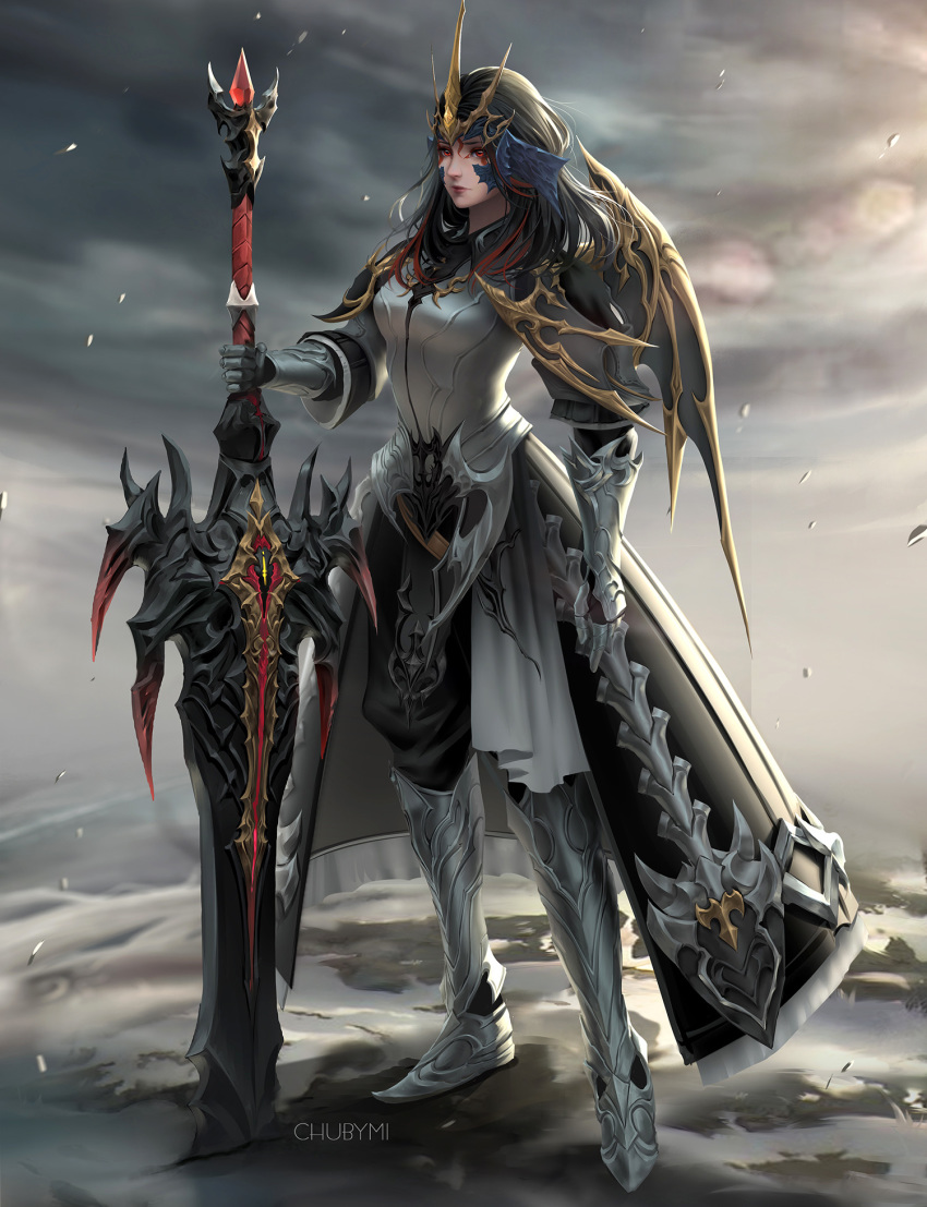armor armored_dress artist_name au_ra black_hair breasts chuby_mi closed_mouth dark_knight_(final_fantasy) dragon_horns facial_mark final_fantasy final_fantasy_xiv gauntlets greaves headdress highres holding holding_sword holding_weapon horns lips long_hair looking_at_viewer medium_breasts overcast red_eyes scales single_wing solo standing sword weapon wings