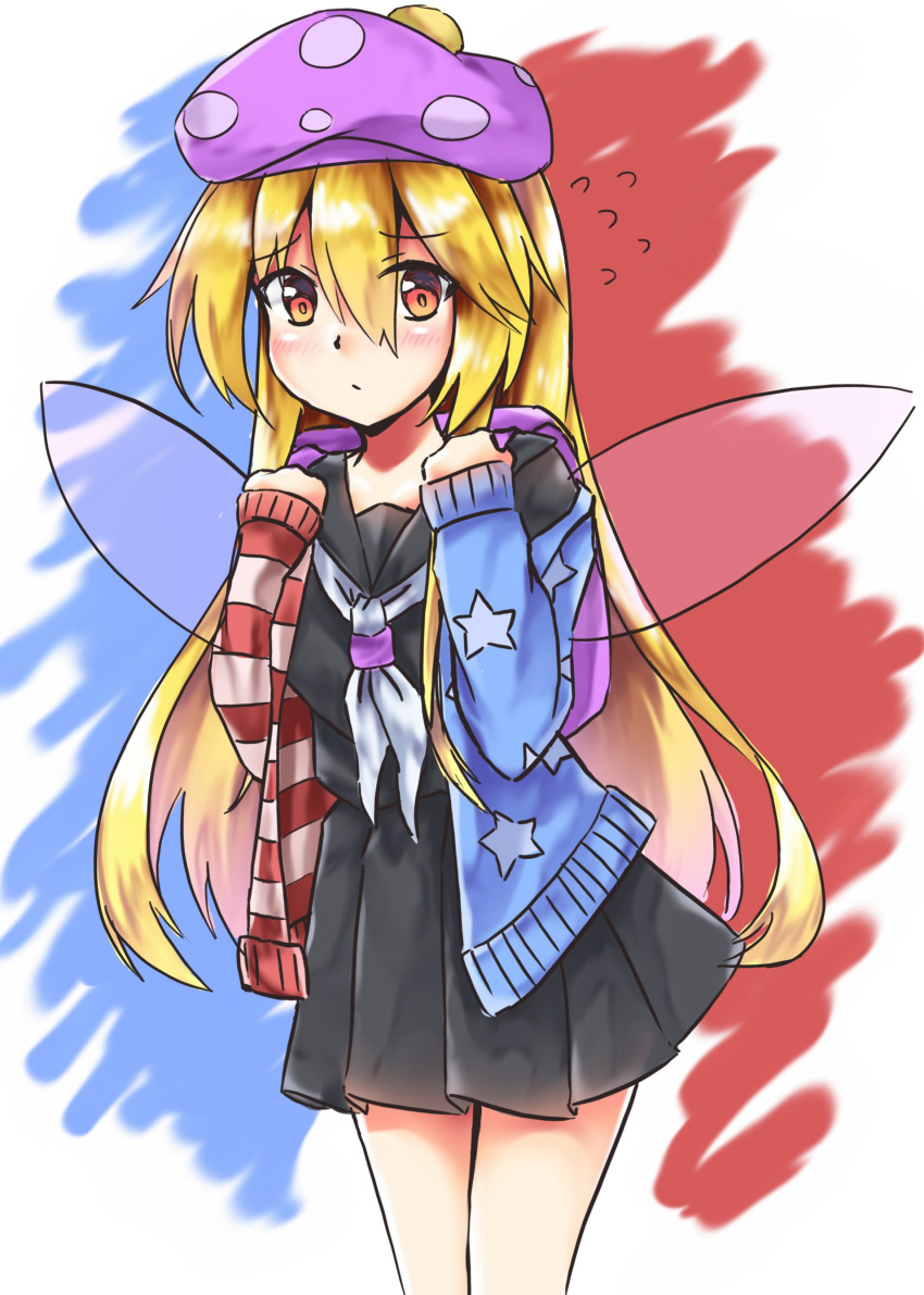 1girl absurdres adapted_costume akiteru98 american_flag_jacket bangs beret black_sailor_collar black_serafuku black_skirt blonde_hair blue_background blue_jacket blush clownpiece commentary_request contemporary cowboy_shot eyebrows_visible_through_hair fairy_wings flying_sweatdrops hair_between_eyes hands_up hat highres jacket long_hair long_sleeves looking_at_viewer miniskirt neckerchief open_clothes open_jacket pleated_skirt polka_dot polka_dot_hat purple_hat red_background red_eyes red_jacket sailor_collar school_uniform serafuku skirt sleeves_past_wrists solo standing star star_print striped_jacket thighs touhou very_long_hair white_background white_jacket white_neckwear wings