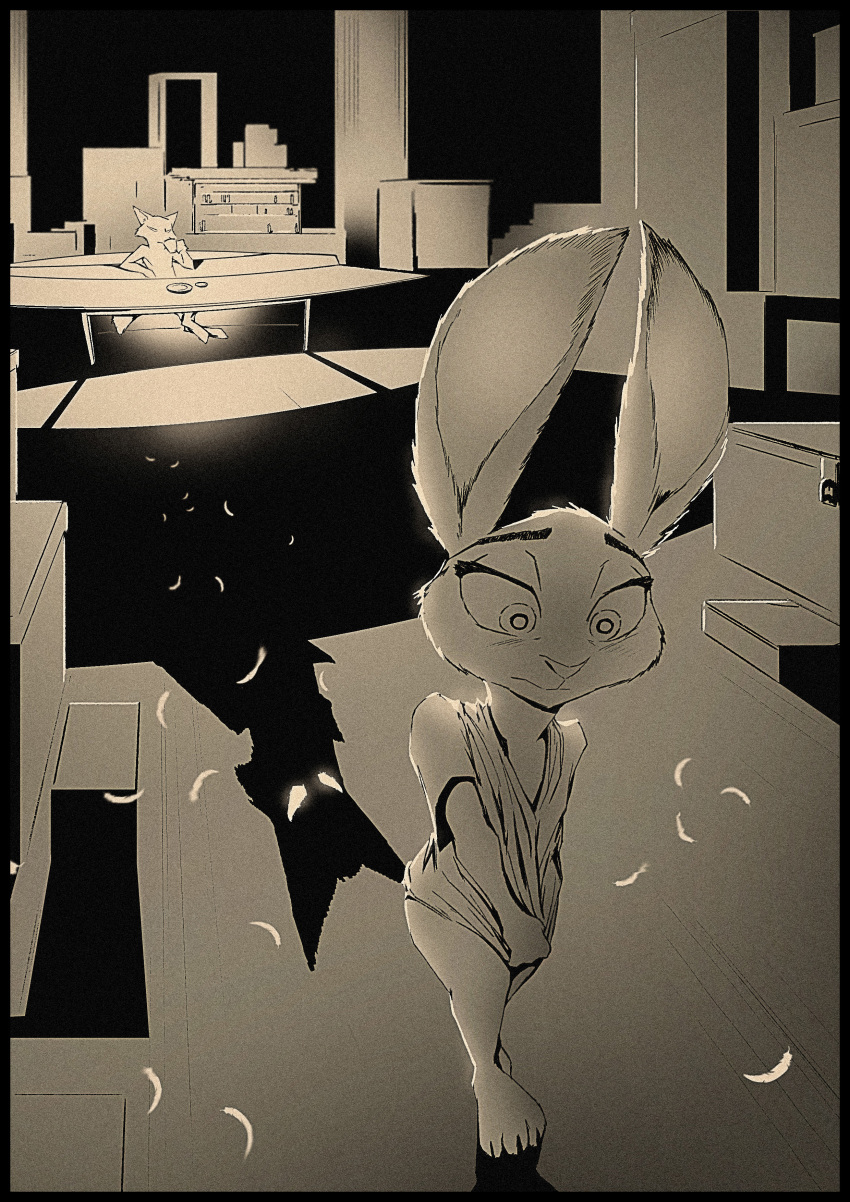 2018 anthro black_border blush border bottomless canine clothed clothing covering covering_crotch depth_of_field disney drinking duo feathers female fox grainy holding_object inside judy_hopps lagomorph male mammal monochrome nick_wilde rabbit shadow shirt_pull simple_background sitting standing table thewyvernsweaver zootopia