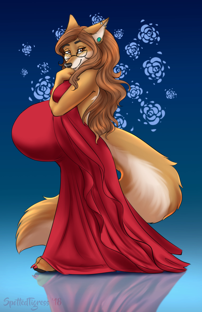 2018 anthro belly big_belly blue_background brown_eyes brown_fur brown_hair canine clothing digitigrade dress ear_piercing eyewear female fluffy fluffy_tail folf fox fur glasses hair hybrid long_hair looking_at_viewer mammal painted_claws piercing pregnant red_dress reflection seductive simple_background smile solo spottedtigress white_fur wolf xanderblaze