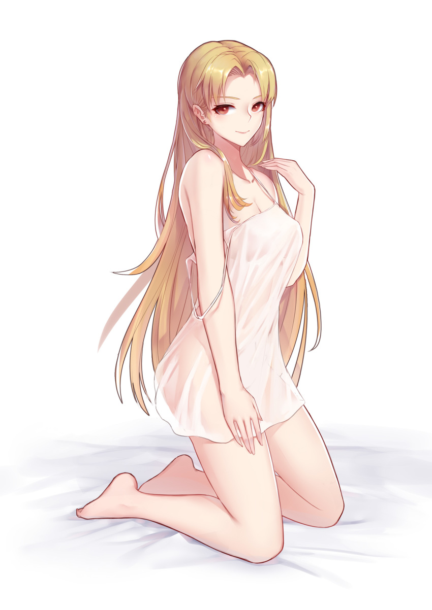 arm_at_side bare_arms bare_legs bare_shoulders barefoot bed_sheet blonde_hair breasts camisole character_request cleavage closed_mouth collarbone commentary_request earrings from_side hair_intakes hand_up highres jewelry kneeling liu_lan long_hair looking_at_viewer looking_to_the_side medium_breasts red_eyes see-through shiny shiny_hair simple_background smile solo spaghetti_strap strap_slip stud_earrings very_long_hair white_background