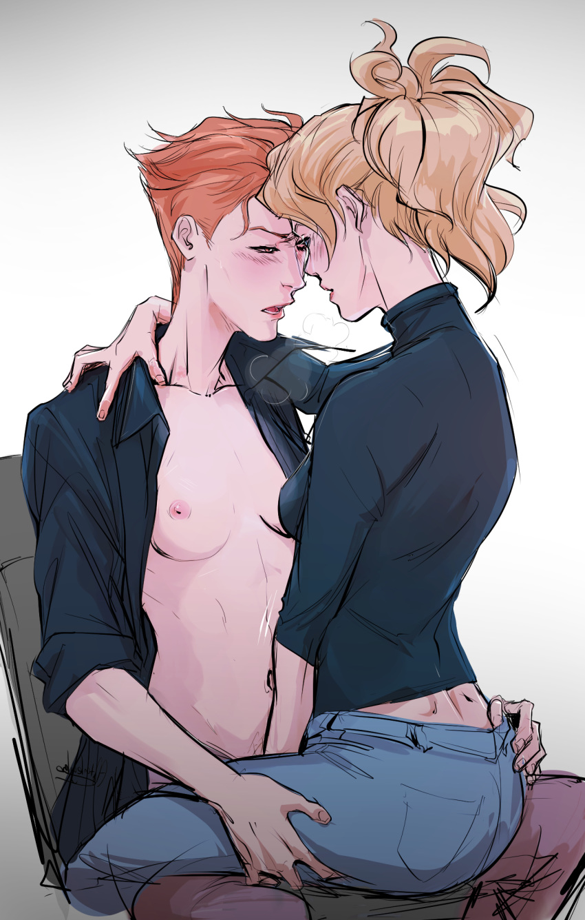 afterlaughs arm_around_neck ass_grab black_shirt blue_eyes blush breasts casual commentary denim dimples_of_venus english_commentary eye_contact hand_in_pants heavy_breathing highres implied_fingering jeans looking_at_another mercy_(overwatch) moira_(overwatch) multiple_girls nipples open_clothes open_shirt orange_hair overwatch pants shirt short_hair sitting sitting_on_lap sitting_on_person sleeves_rolled_up small_breasts straddling turtleneck upright_straddle yuri
